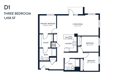 Floor plan for 3 beds, 2 baths, 1458 sqft